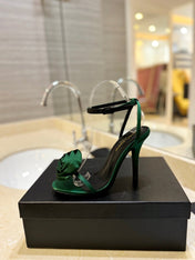 SL IVY FLORAL HEEL SANDALS DARK GREEN SATIN