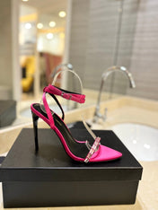 SL RHINESTONE HEELED SANDALS BRIGHT PINK SATIN