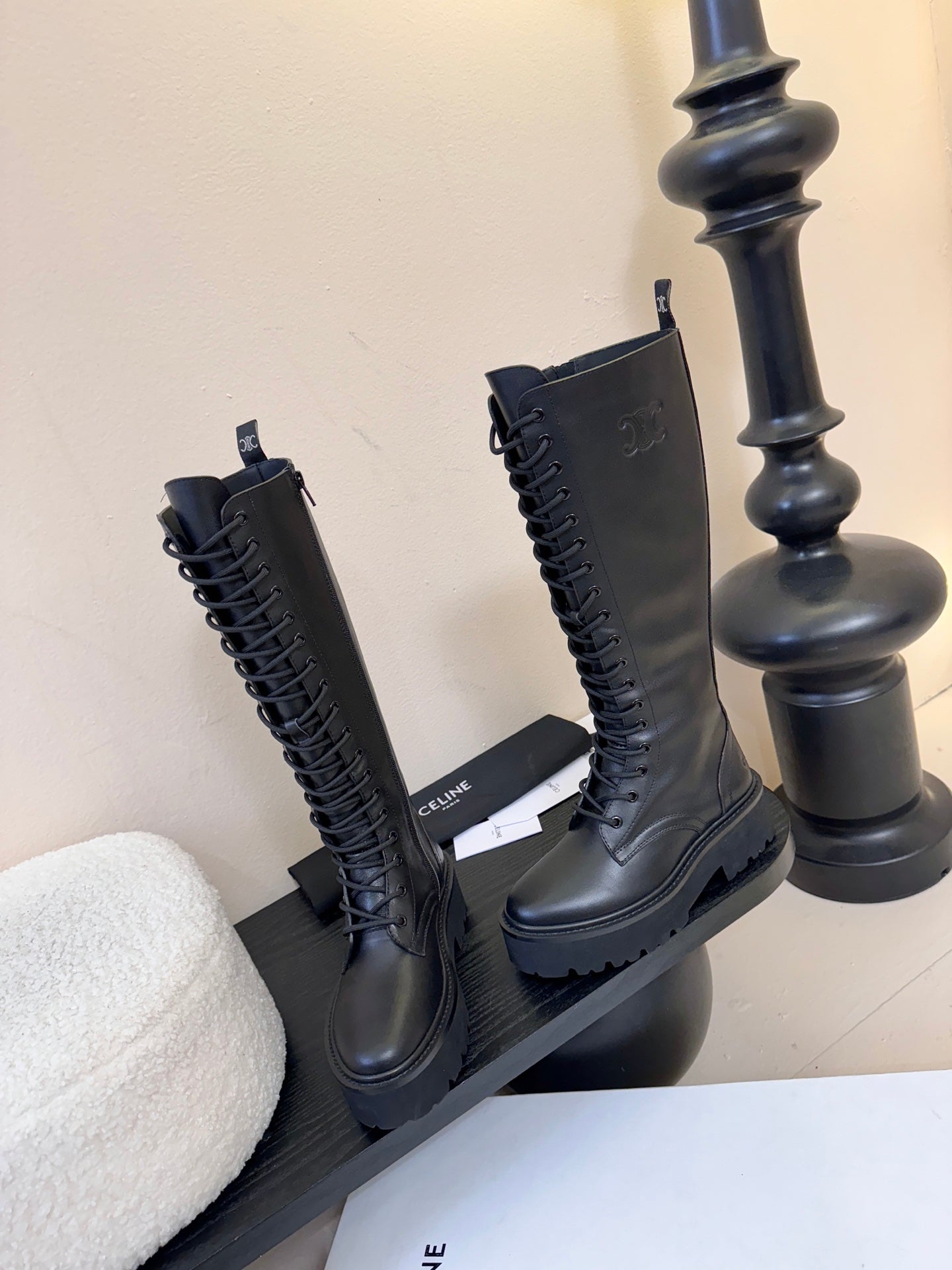 CELINE 26S LACE-UP HIGH-TOP BOOTS 45 MM IN BLACK CALFSKIN