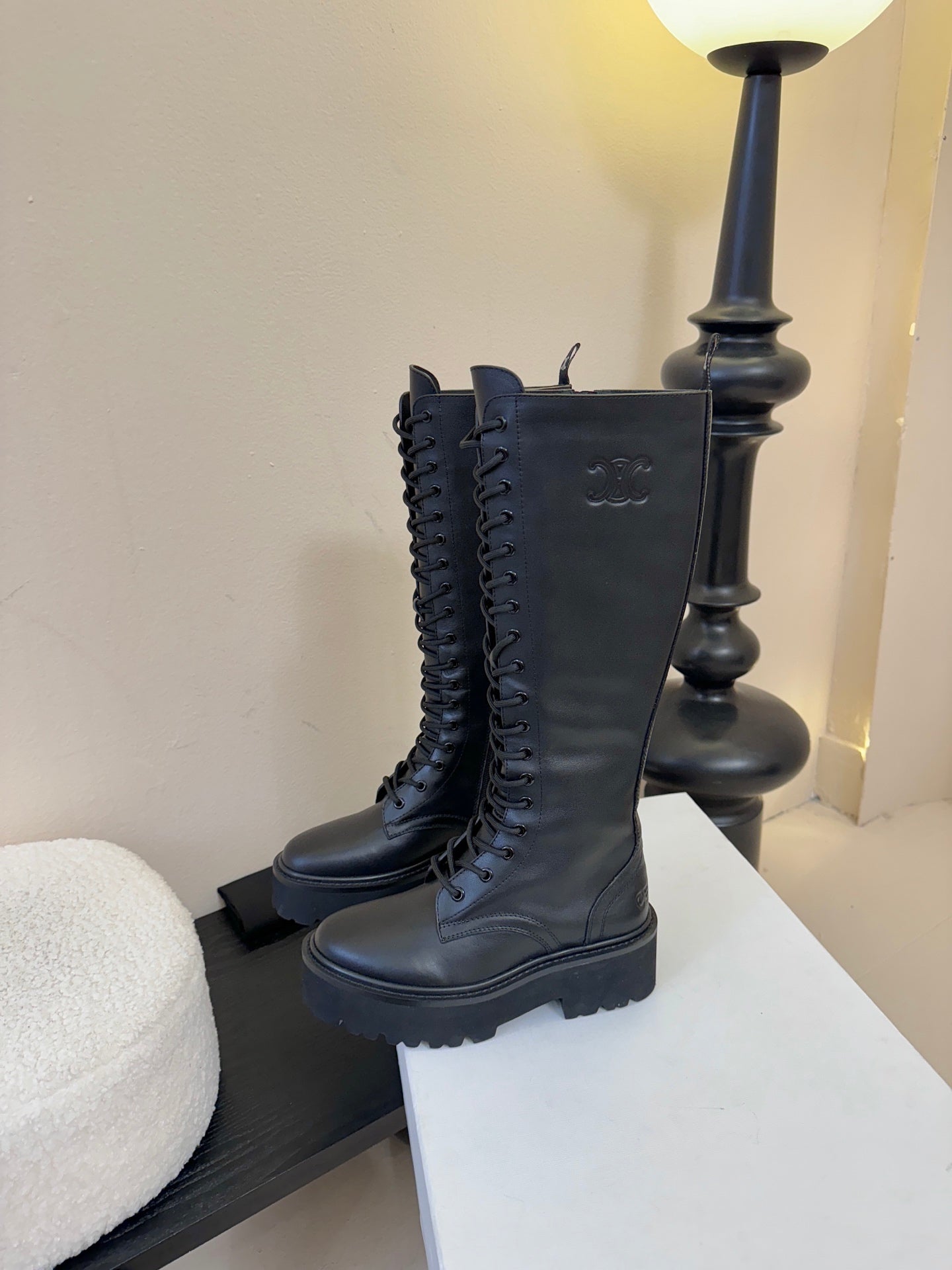 CELINE 26S LACE-UP HIGH-TOP BOOTS 45 MM IN BLACK CALFSKIN