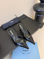 PRADA 26S POINTED TOE SLINGBACK HEELS 60MM IN BLACK CALFSKIN WITH LOGO