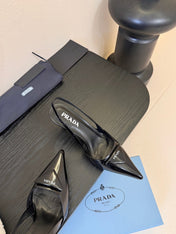PRADA 26S POINTED TOE SLINGBACK HEELS 60MM IN BLACK CALFSKIN WITH LOGO