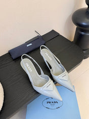 PRADA 26S POINTED TOE SLINGBACK HEELS 60MM IN LIGHT GRAY CALFSKIN WITH LOGO