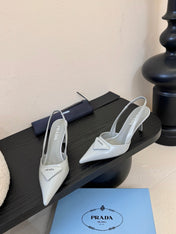 PRADA 26S POINTED TOE SLINGBACK HEELS 60MM IN LIGHT GRAY CALFSKIN WITH LOGO
