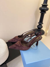 PRADA 26S POINTED TOE SLINGBACK HEELS 60MM IN DARK BROWN SUDE WITH LOGO