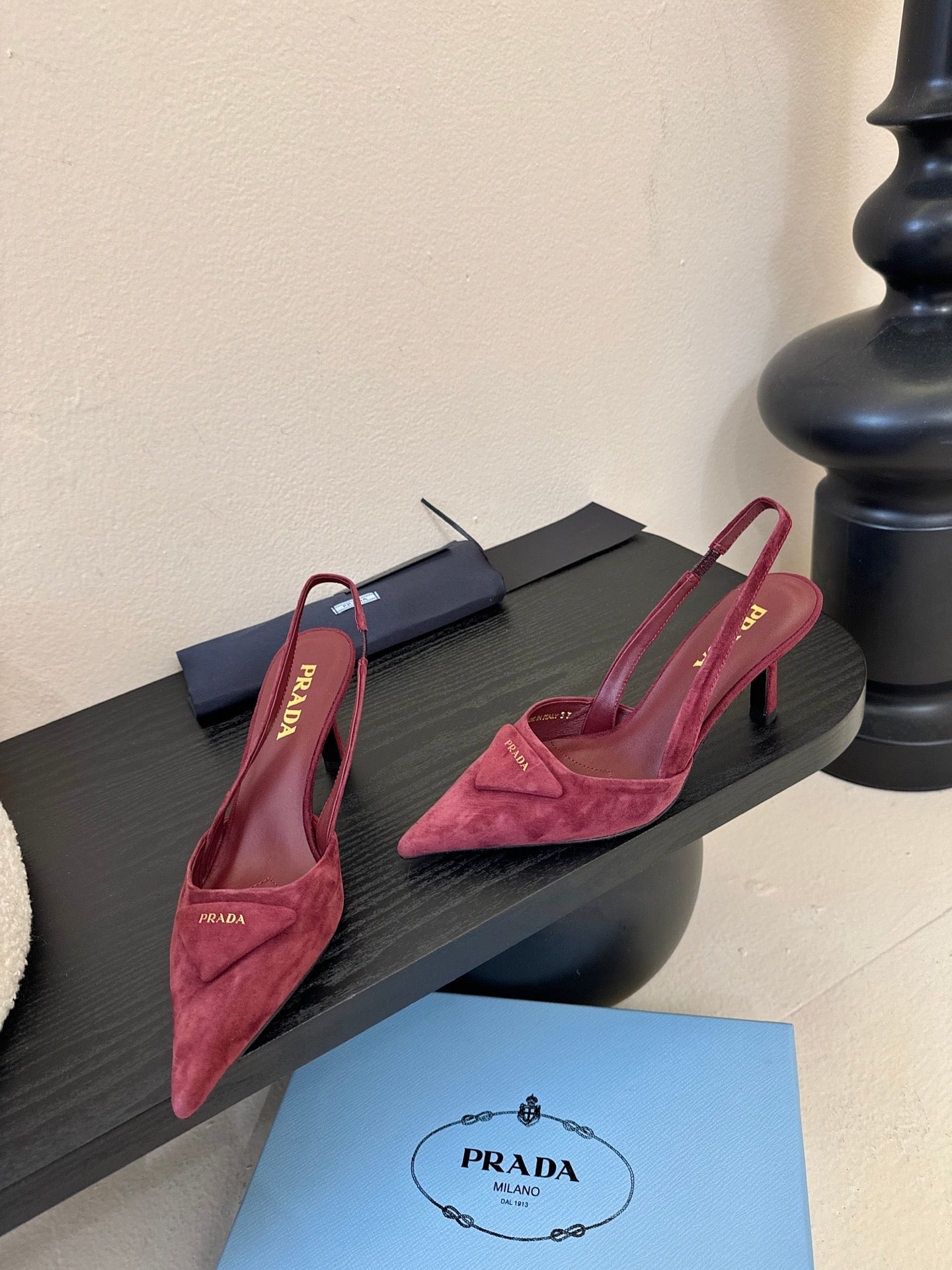 PRADA 26S POINTED TOE SLINGBACK HEELS 60MM IN DARK RED SUDE WITH LOGO