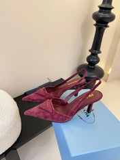 PRADA 26S POINTED TOE SLINGBACK HEELS 60MM IN DARK RED SUDE WITH LOGO