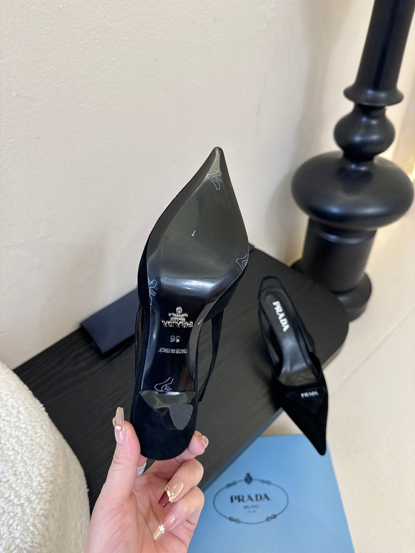 PRADA 26S POINTED TOE SLINGBACK HEELS 60MM IN BLACK SUDE WITH LOGO
