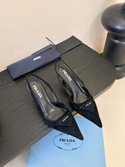 PRADA 26S POINTED TOE SLINGBACK HEELS 60MM IN BLACK SUDE WITH LOGO