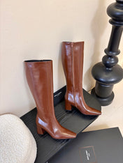 YSL 26S KNEE-HIGH HEELED BOOTS IN BROWN SHINY CALFSKIN