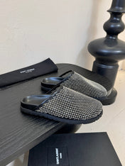YSL 26S MESH MULES IN BLACK CALFSKIN AND WITH RHINESTONES