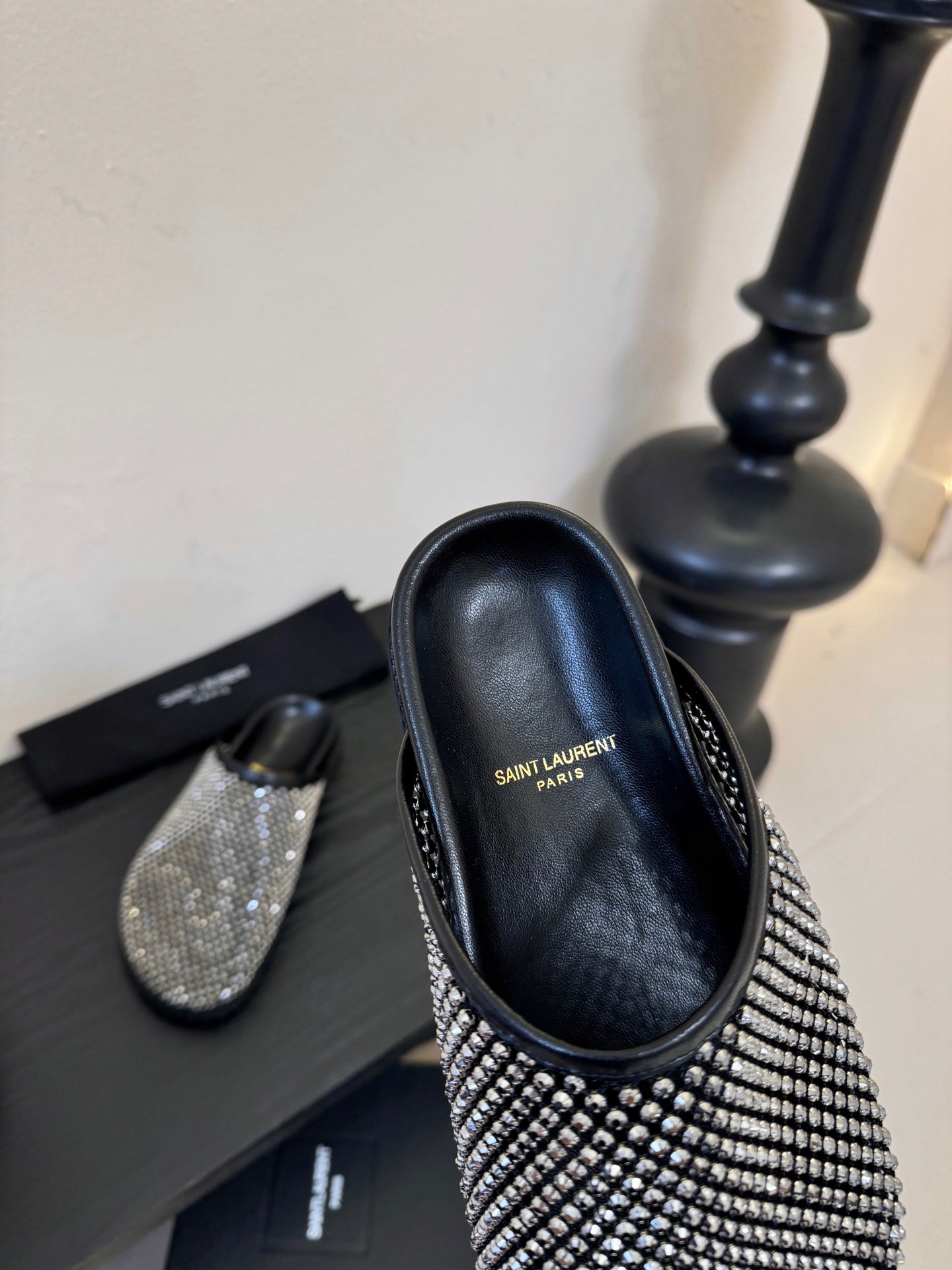 YSL 26S MESH MULES IN BLACK CALFSKIN AND WITH RHINESTONES