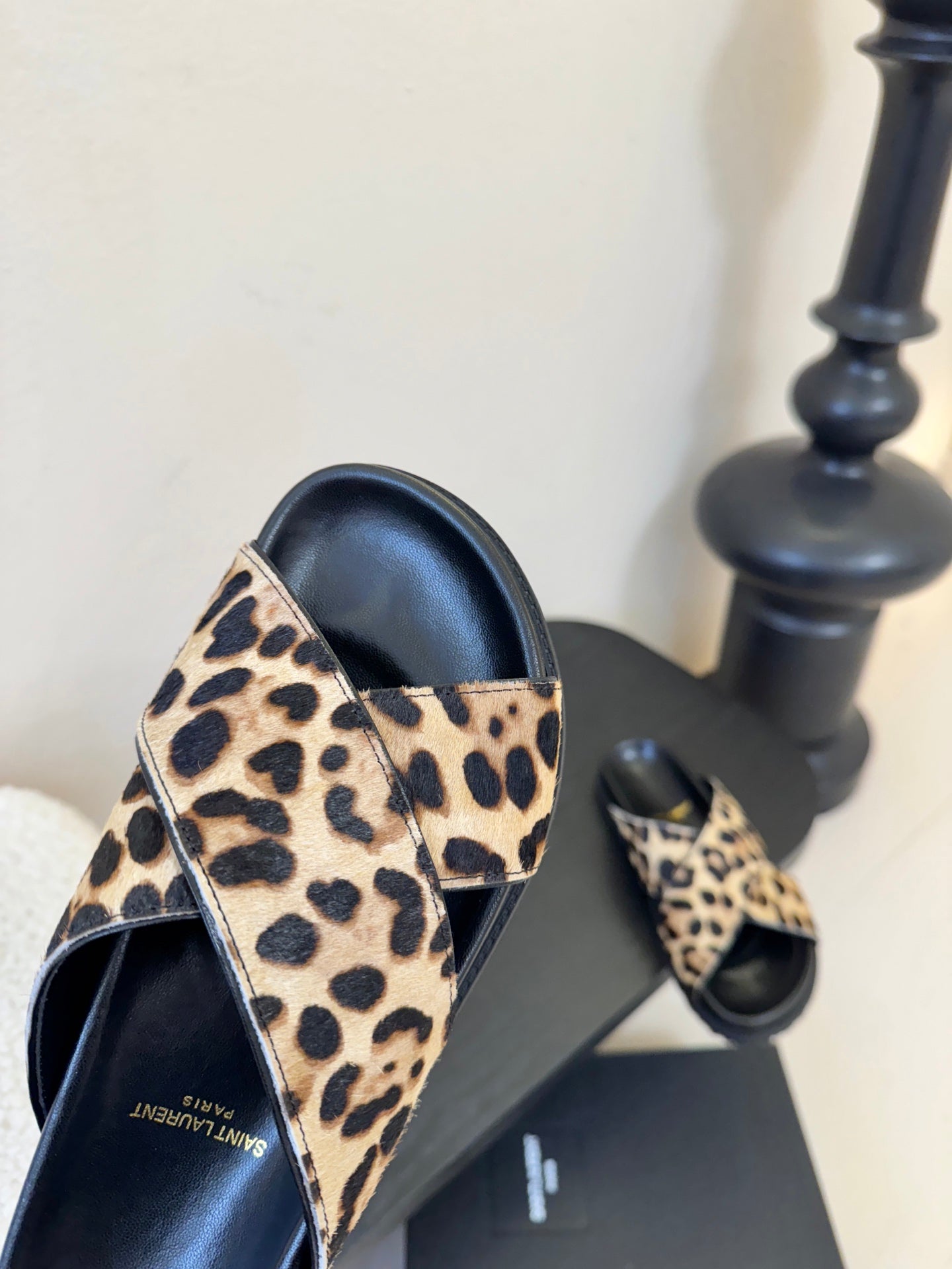 YSL 26S CROSS-STRAP SANDALS IN LEOPARD PRINT CALFSKIN HAIR