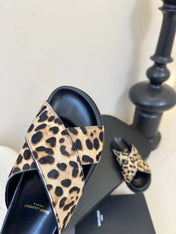 YSL 26S CROSS-STRAP SANDALS IN LEOPARD PRINT CALFSKIN HAIR