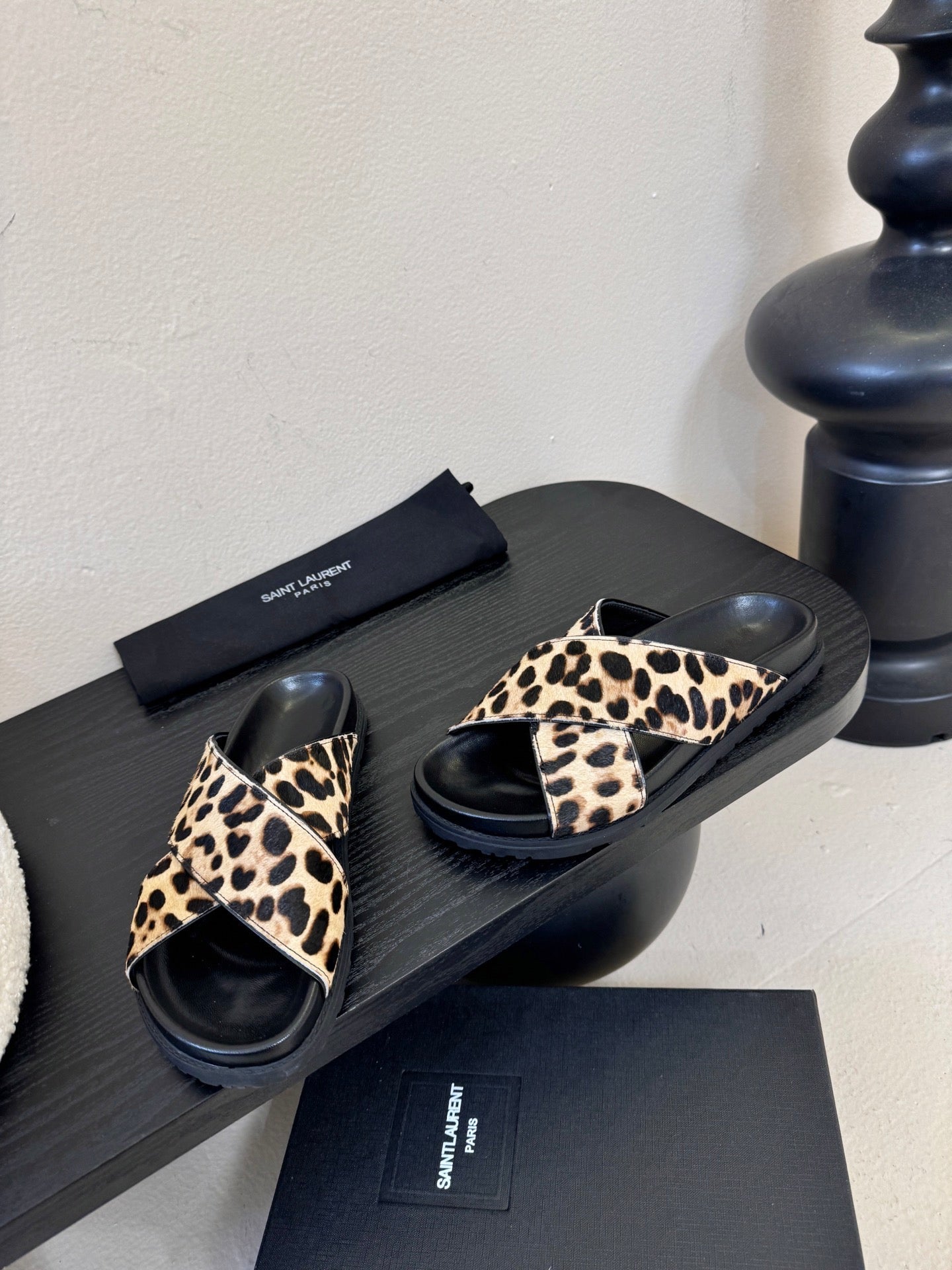 YSL 26S CROSS-STRAP SANDALS IN LEOPARD PRINT CALFSKIN HAIR