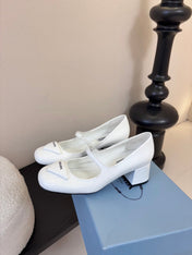 PRADA 26S BLOCK-HEEL MARY JANE IN WHITE PATENT CALFSKIN