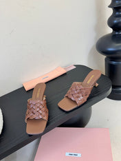 MIUMIU 26S IVETTE WOVEN HEELED SANDALS 40MM IN BROWN CALFSKIN