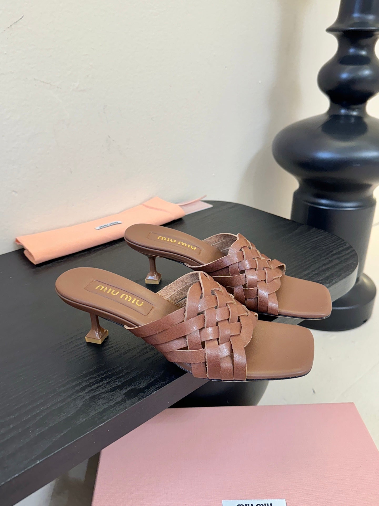 MIUMIU 26S IVETTE WOVEN HEELED SANDALS 40MM IN BROWN CALFSKIN
