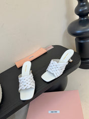 MIUMIU 26S IVETTE WOVEN HEELED SANDALS 40MM IN WHITE CALFSKIN