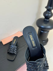 MIUMIU 26S IVETTE WOVEN HEELED SANDALS 40MM IN BLACK CALFSKIN