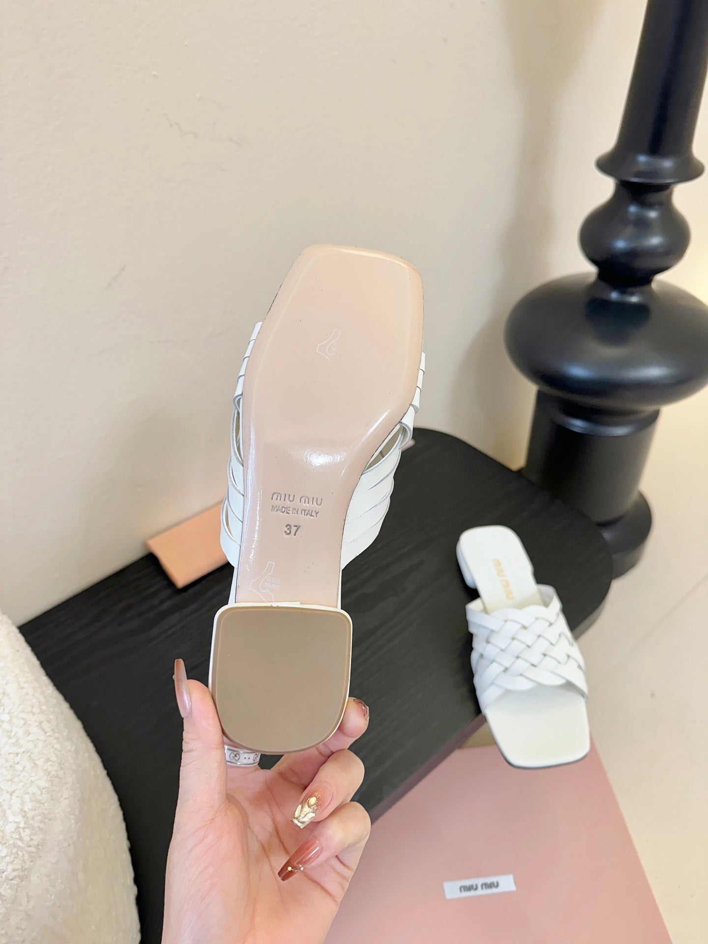 MIUMIU 26S IVETTE WOVEN SLIDE SANDALS IN WHITE CALFSKIN