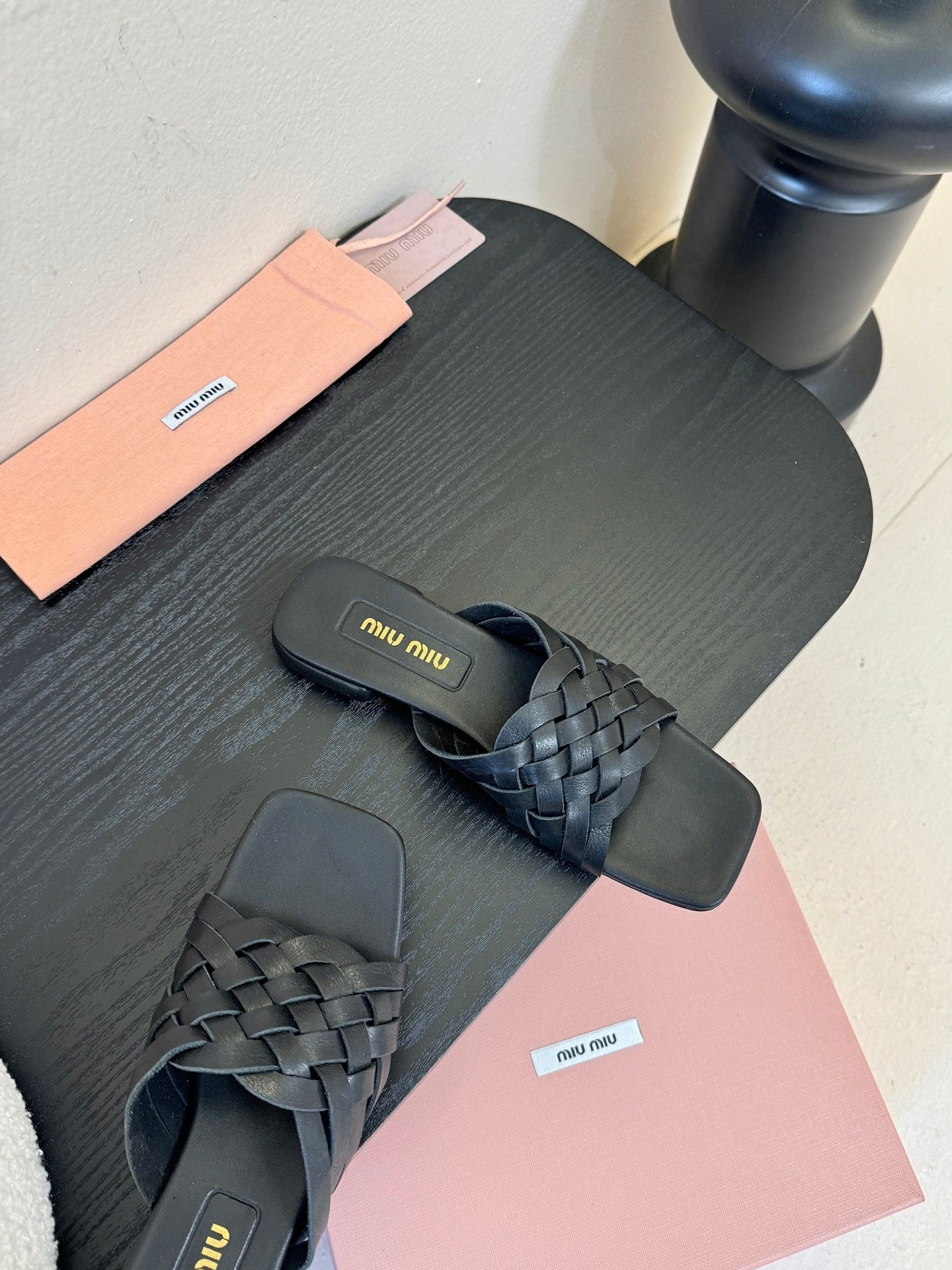 MIUMIU 26S IVETTE WOVEN SLIDE SANDALS IN BLACK CALFSKIN