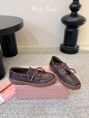 MIUMIU 26S LACE-UP LOAFERS IN DARK BROWN CALFSKIN RUBBER SOLE
