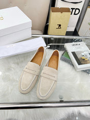 THE ROW 26S PENNY LOAFERS IN LIGHT BEIGE SUEDE