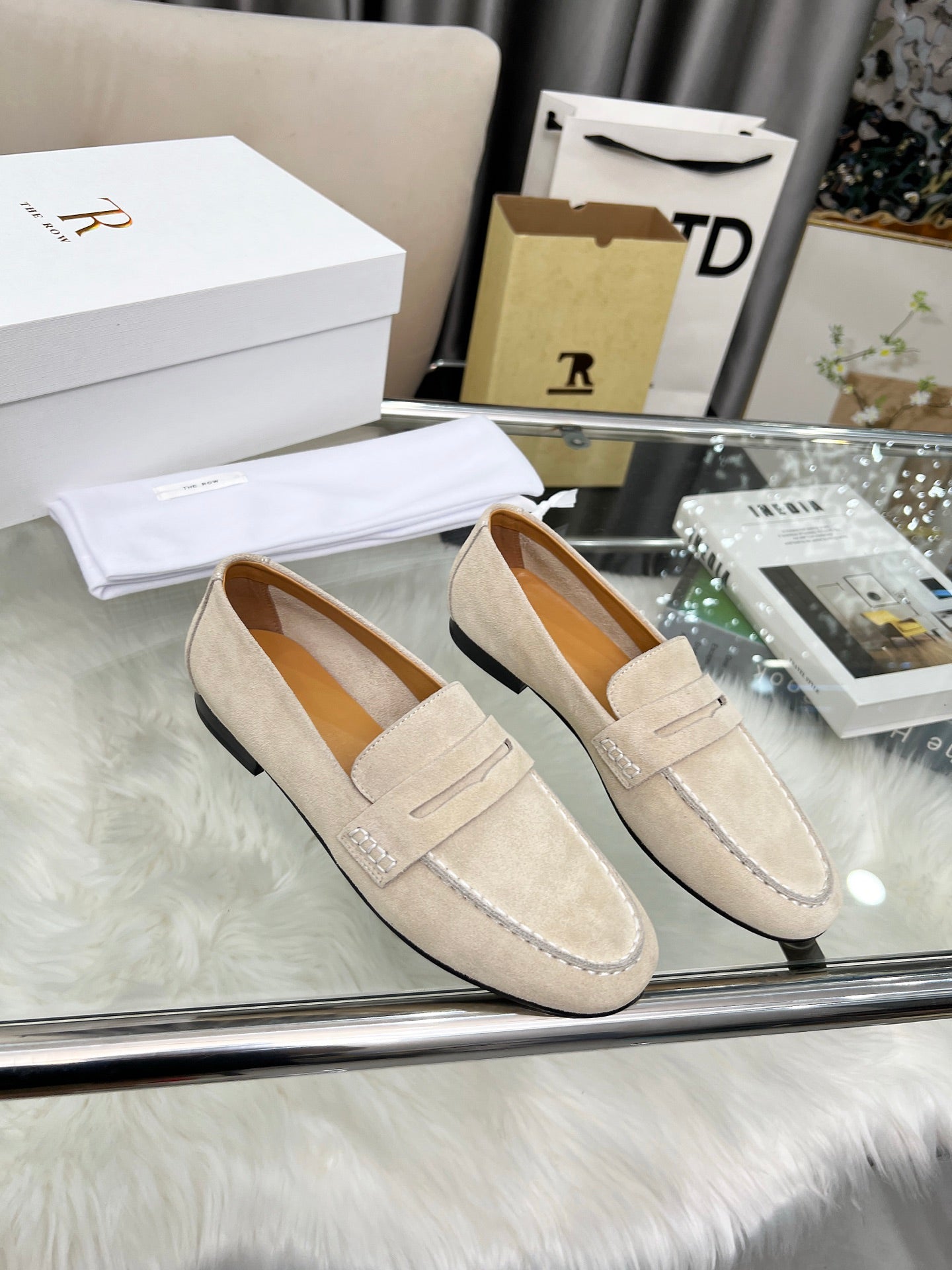 THE ROW 26S PENNY LOAFERS IN LIGHT BEIGE SUEDE