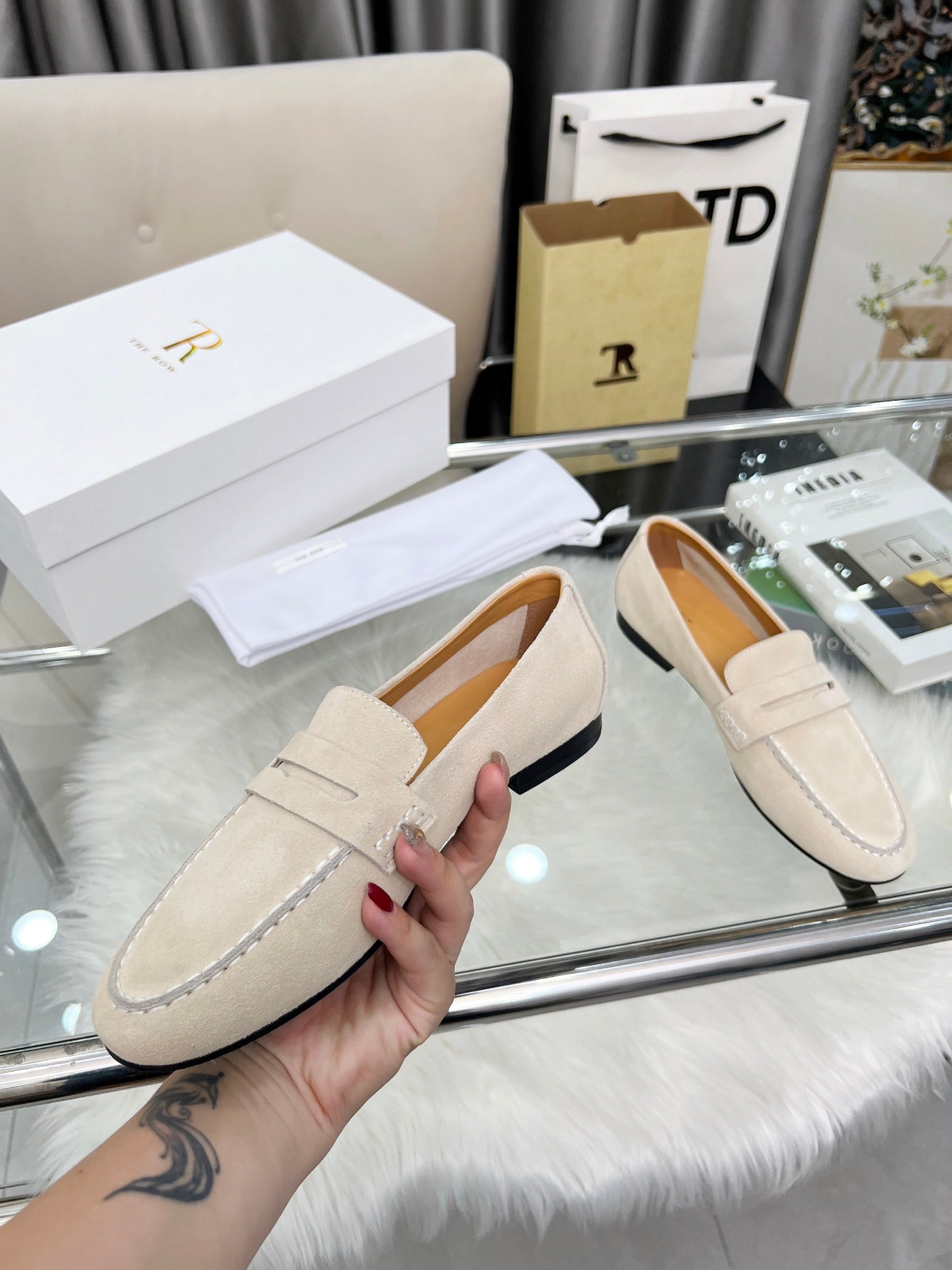 THE ROW 26S PENNY LOAFERS IN LIGHT BEIGE SUEDE