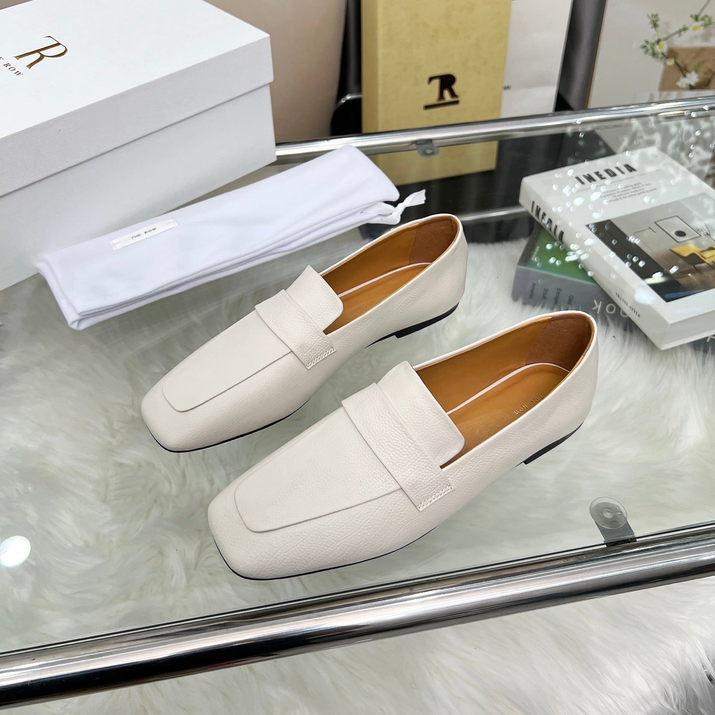 THE ROW 26S PENNY LOAFER FLATS IN IVORY WHITE GRAINED CALFSKIN