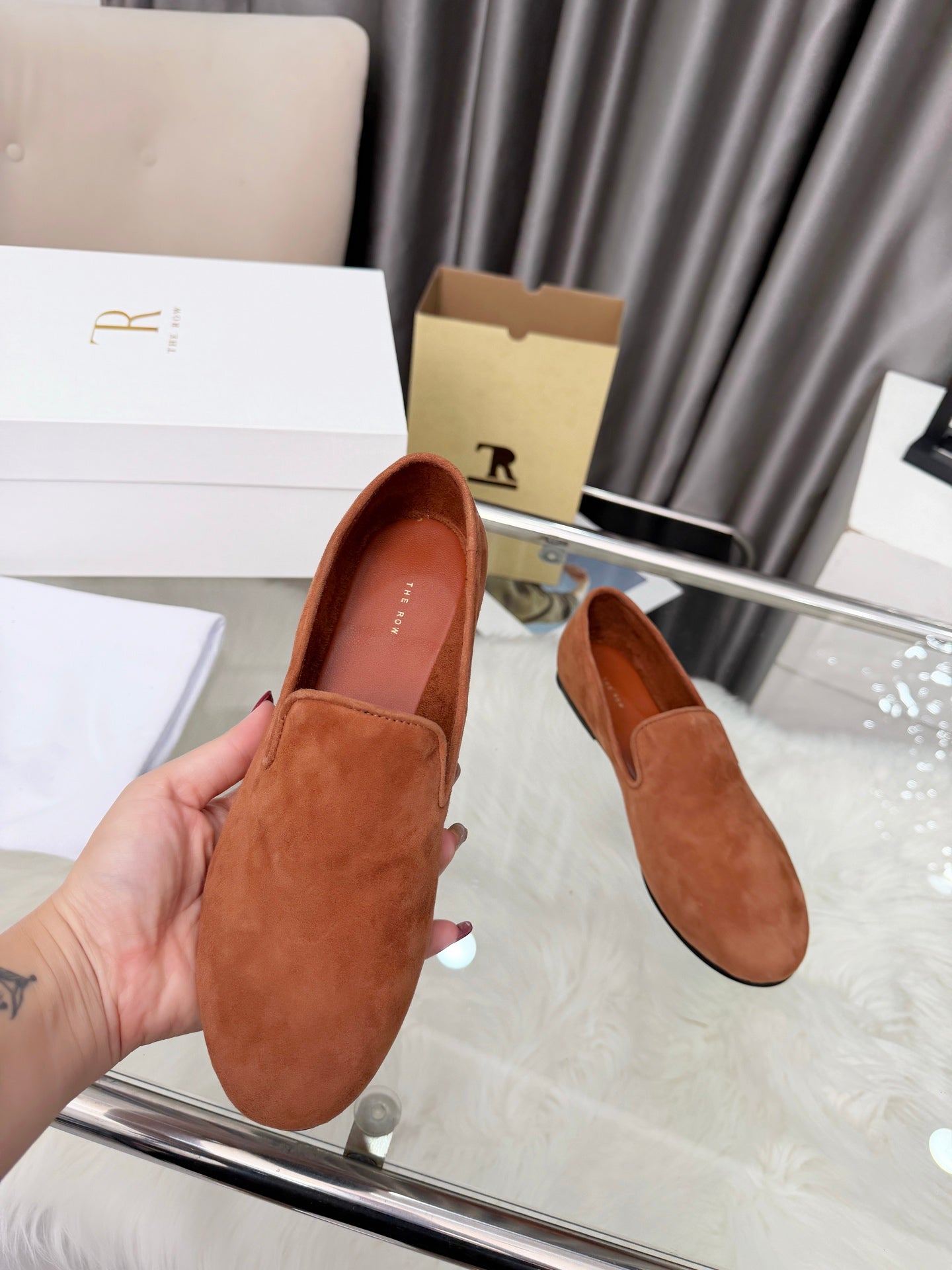 THE ROW 26S CLASSIC LOAFER FLATS IN COGNAC BROWN SUEDE