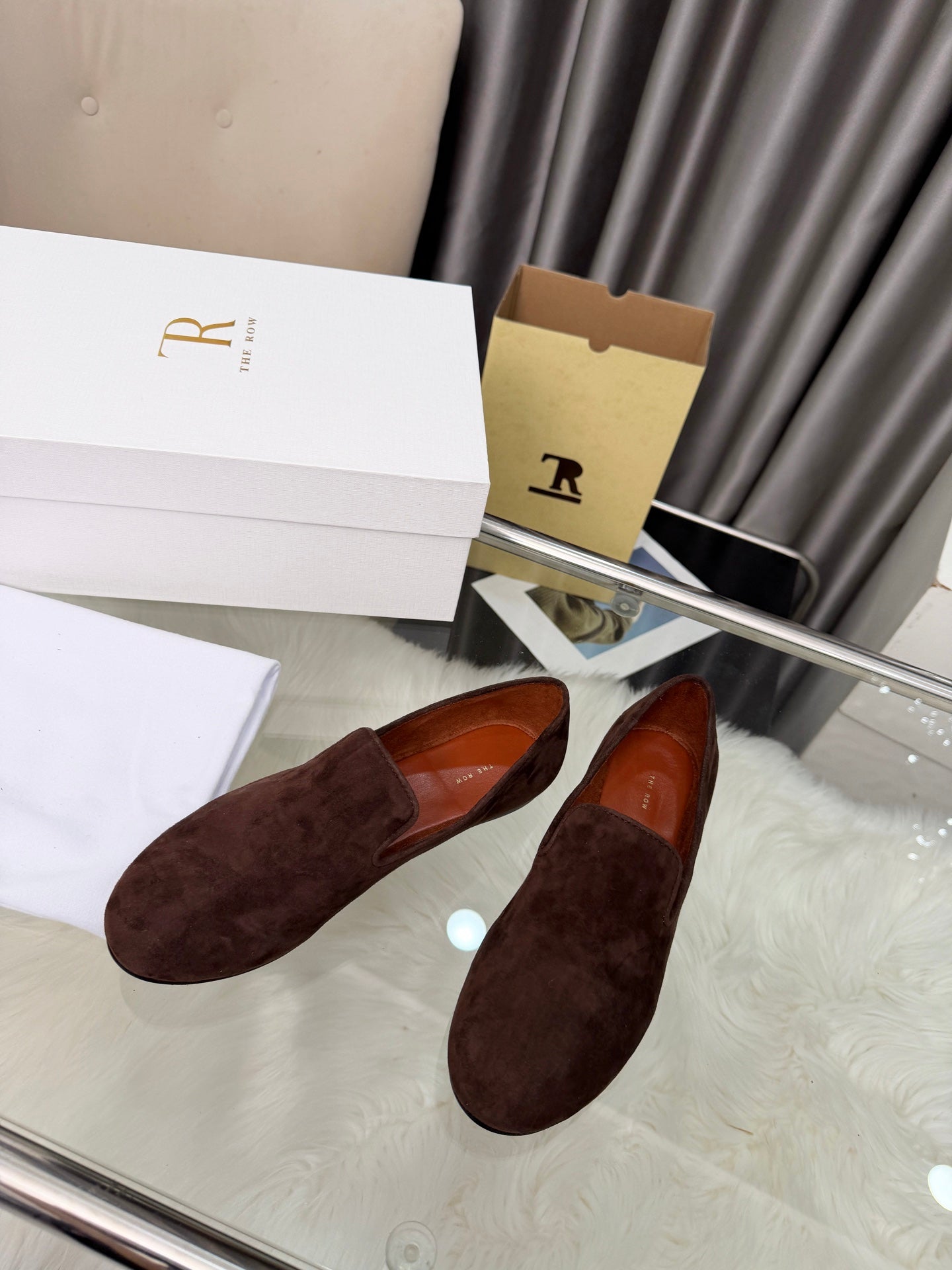 THE ROW 26S CLASSIC LOAFER FLATS IN DARK BROWN SUEDE