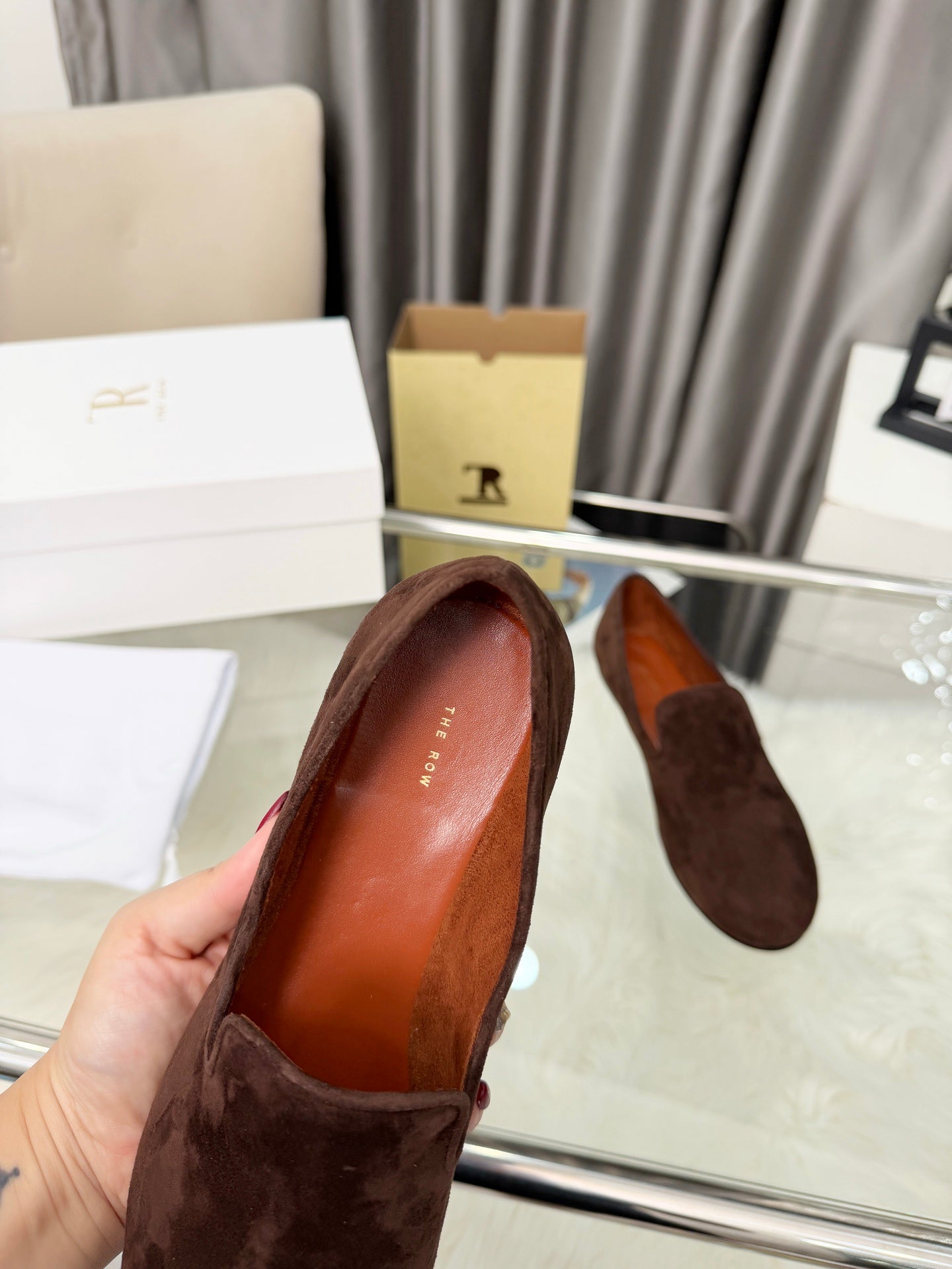 THE ROW 26S CLASSIC LOAFER FLATS IN DARK BROWN SUEDE