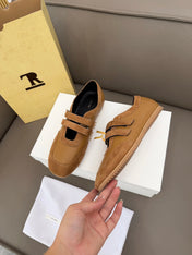 THE ROW 26S DOUBLE STRAP MARY JANE SNEAKERS IN CAMEL BROWN CALFSKIN AND SUEDE