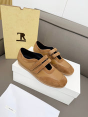 THE ROW 26S DOUBLE STRAP MARY JANE SNEAKERS IN CAMEL BROWN CALFSKIN AND SUEDE