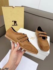 THE ROW 26S DOUBLE STRAP MARY JANE SNEAKERS IN CAMEL BROWN CALFSKIN AND SUEDE