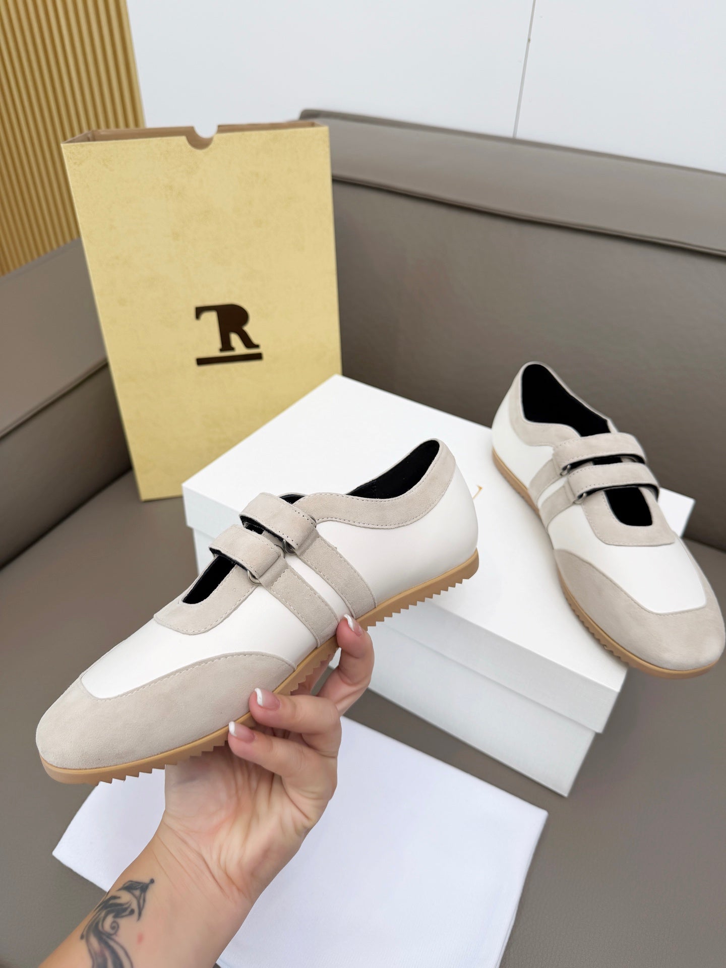 THE ROW 26S DOUBLE STRAP MARY JANE SNEAKERS IN WHITE CALFSKIN AND LIGHT GREY SUEDE