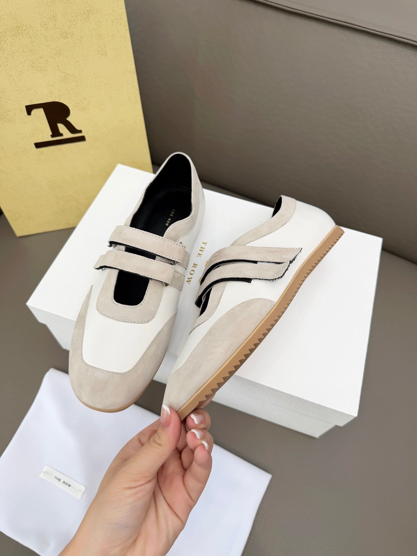 THE ROW 26S DOUBLE STRAP MARY JANE SNEAKERS IN WHITE CALFSKIN AND LIGHT GREY SUEDE