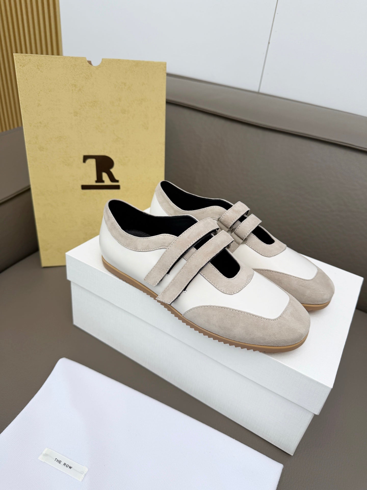 THE ROW 26S DOUBLE STRAP MARY JANE SNEAKERS IN WHITE CALFSKIN AND LIGHT GREY SUEDE