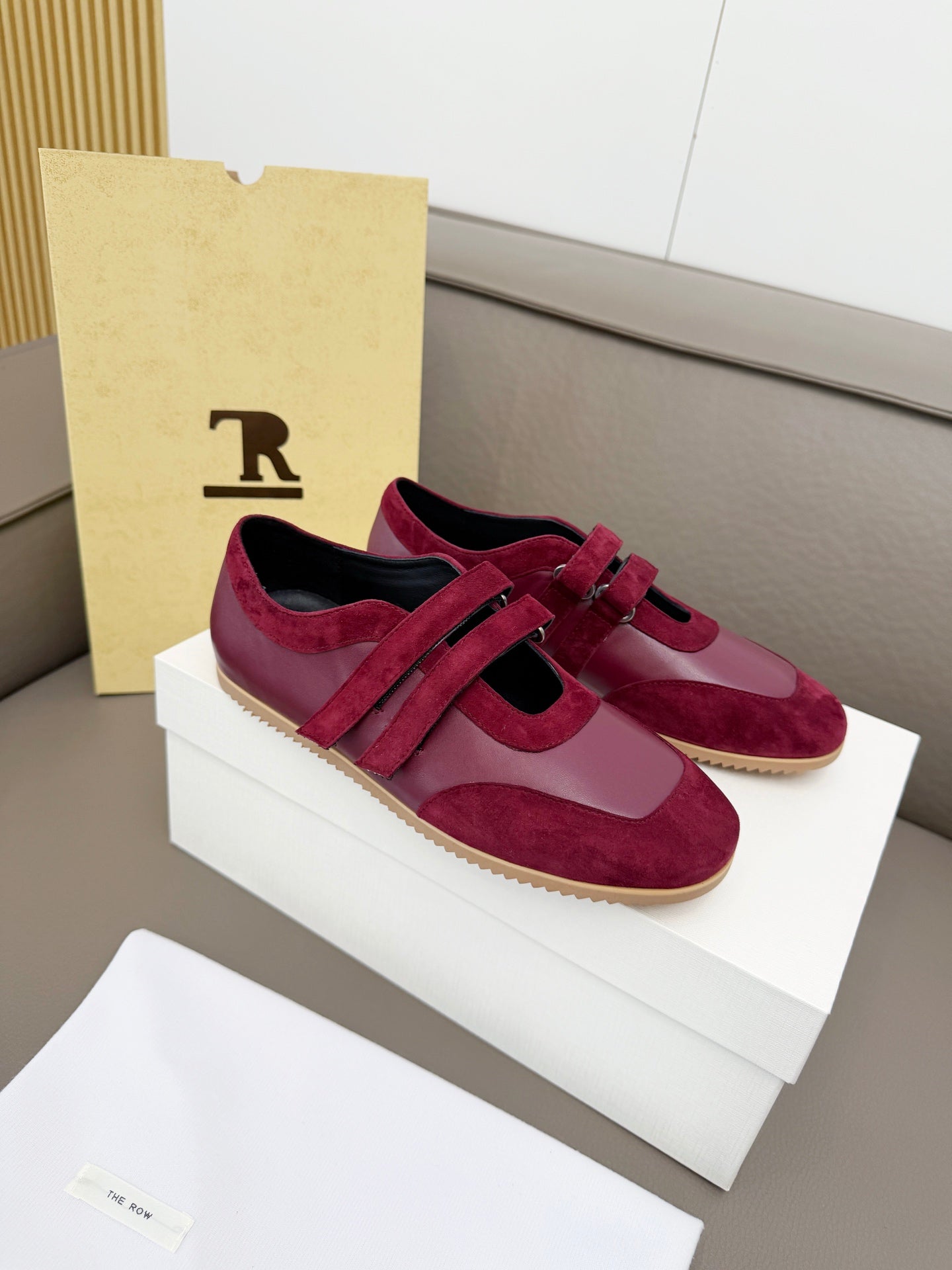 THE ROW 26S DOUBLE STRAP MARY JANE SNEAKERS IN BURGUNDY RED CALFSKIN AND SUEDE