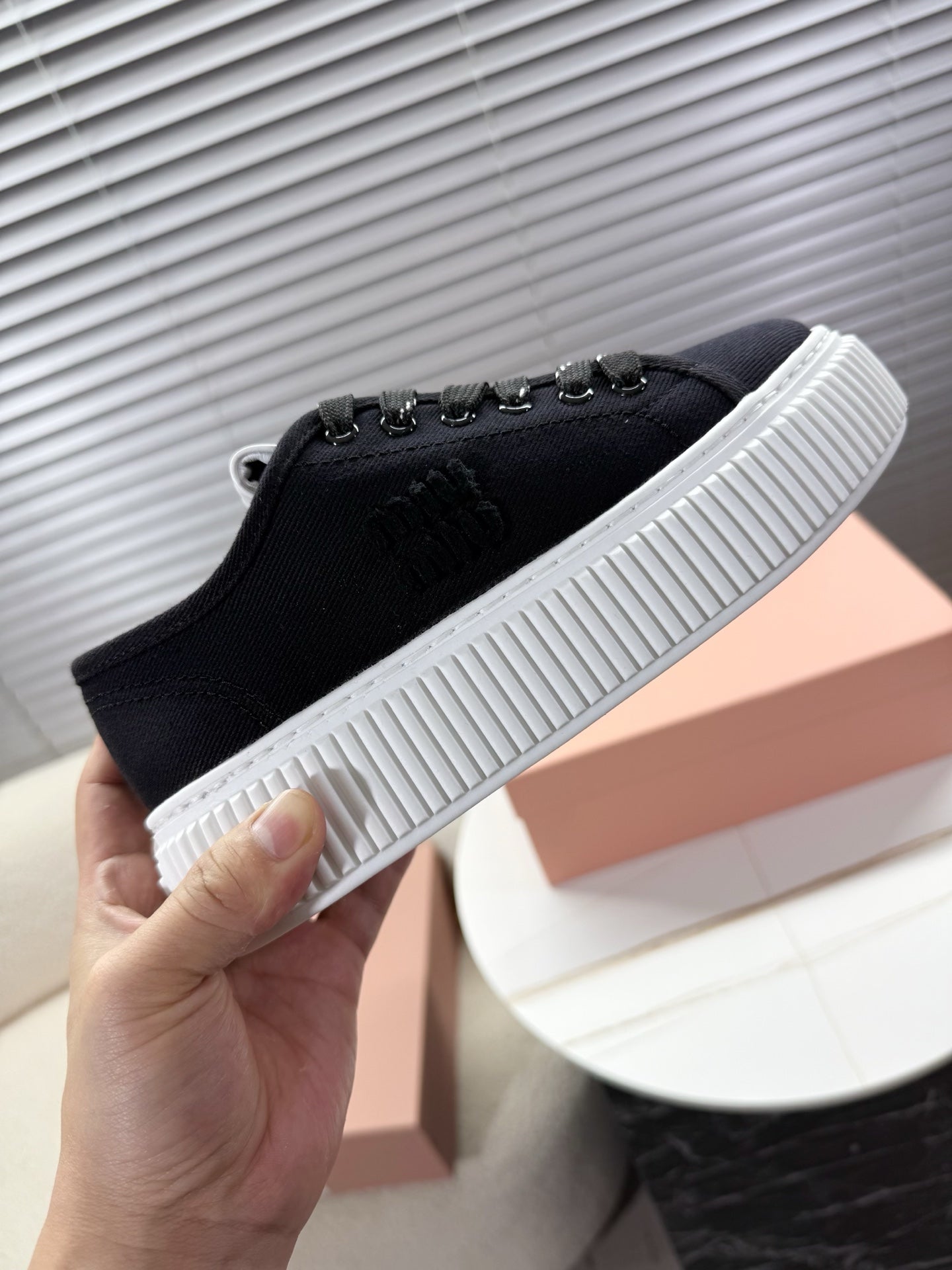 MIUMIU 26S PLATFORM SNEAKERS IN BLACK CANVAS