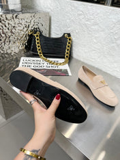 PRADA 26S CLASSIC LOAFERS IN NUDE BEIGE LOGO SUEDE