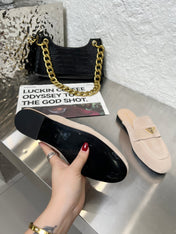 PRADA 26S MULE LOAFERS IN NUDE BEIGE SUEDE WITH LOGO
