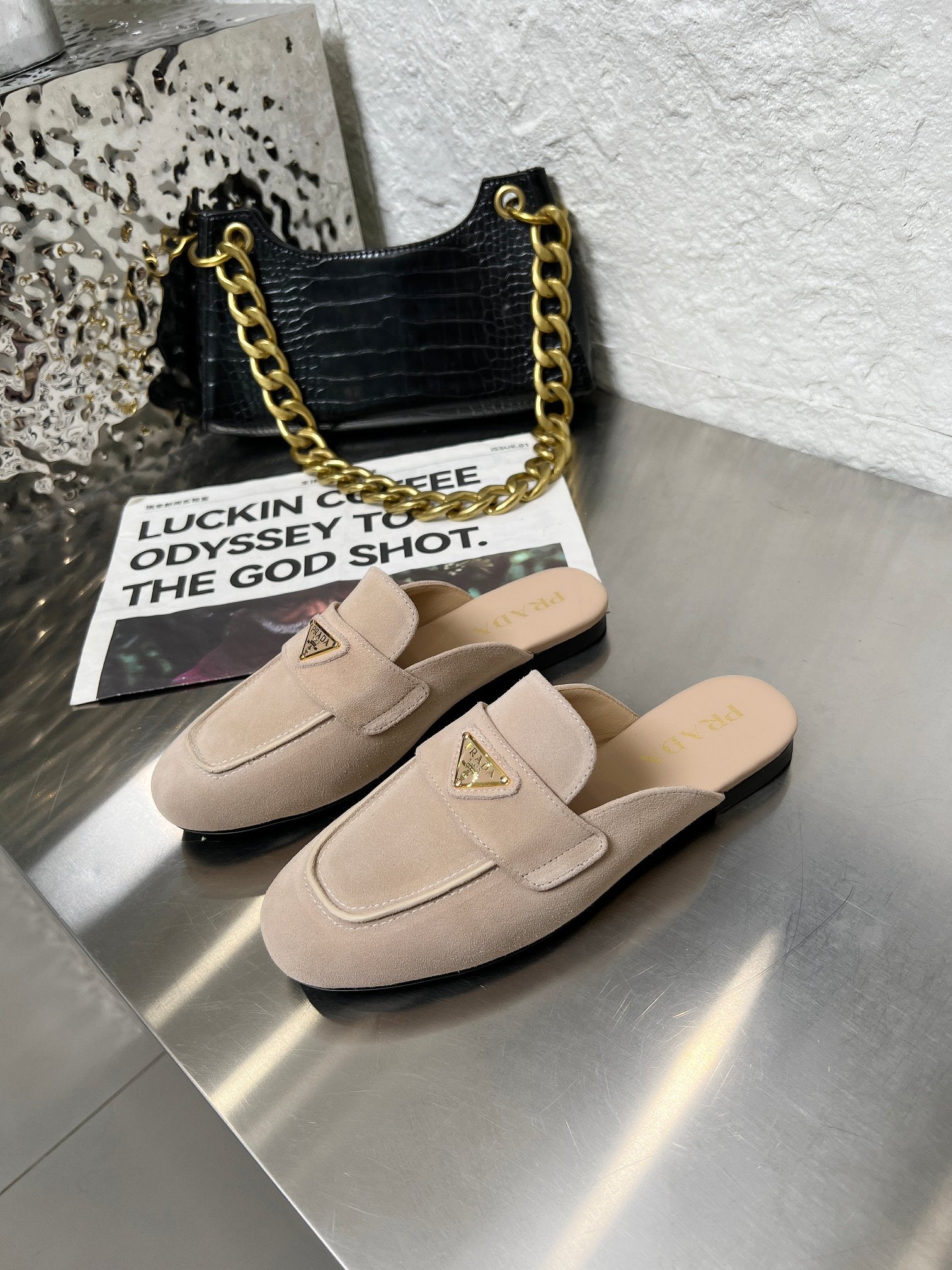 PRADA 26S MULE LOAFERS IN NUDE BEIGE SUEDE WITH LOGO