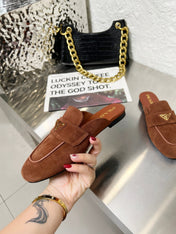 PRADA 26S MULE LOAFERS IN CHOCOLATE BROWN SUEDE WITH LOGO