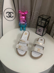 CHANEL 26S SLIDE SANDALS IN WHITE VELVET AND CALFSKIN WITH ROPE SOLE GOLD HARDWARE