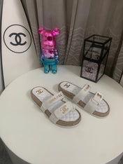 CHANEL 26S SLIDE SANDALS IN WHITE VELVET AND CALFSKIN WITH ROPE SOLE GOLD HARDWARE