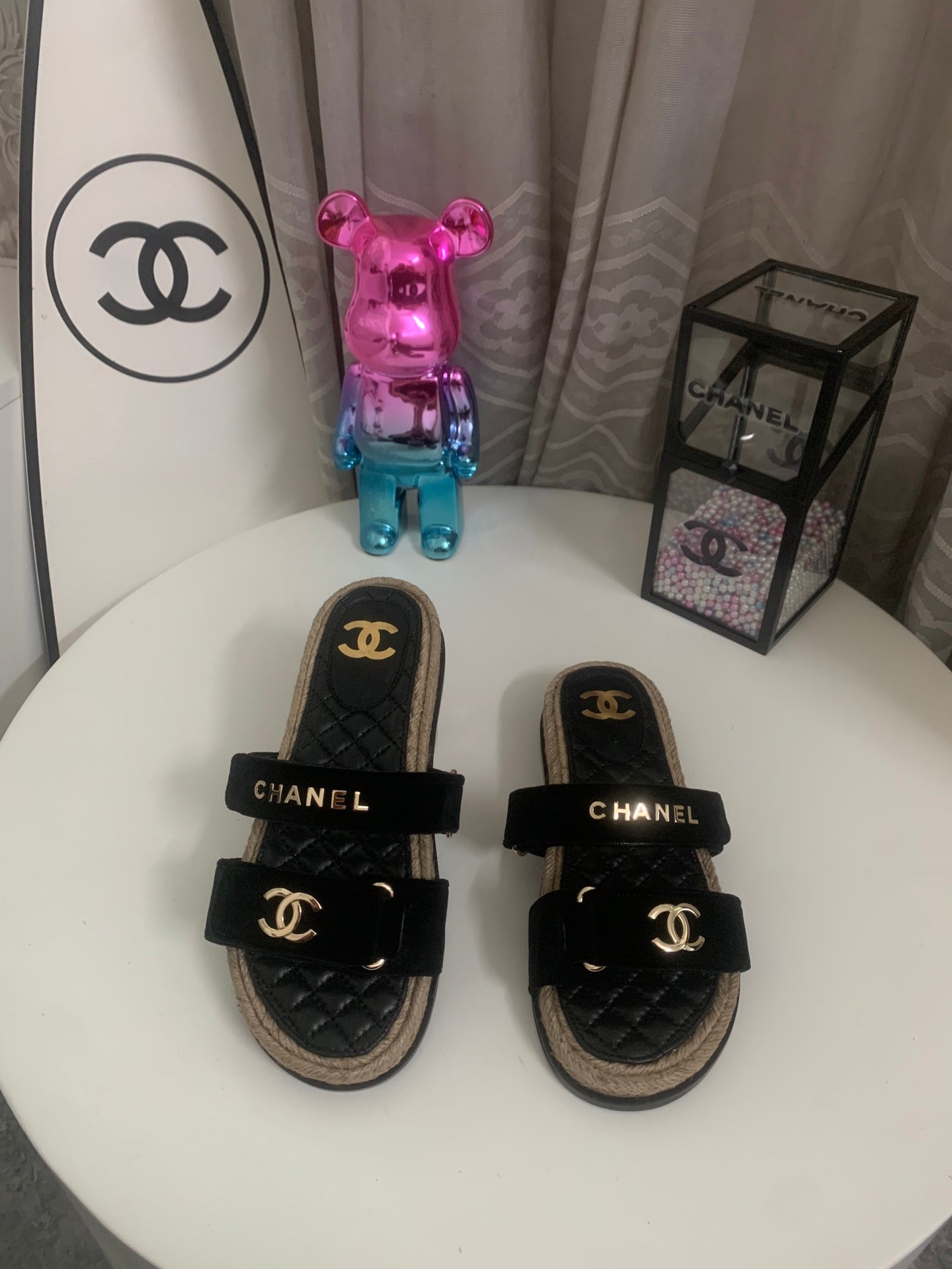 CHANEL 26S SLIDE SANDALS IN BLACK VELVET AND CALFSKIN WITH ROPE SOLE GOLD HARDWARE