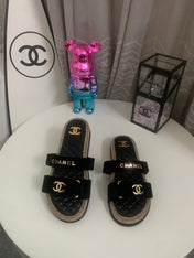 CHANEL 26S SLIDE SANDALS IN BLACK VELVET AND CALFSKIN WITH ROPE SOLE GOLD HARDWARE